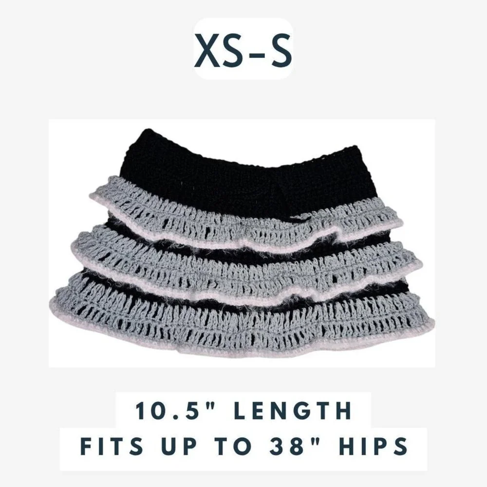 Handmade Crochet Mini‎ Skirt – Black, Gray & Pink Ruffle Knit